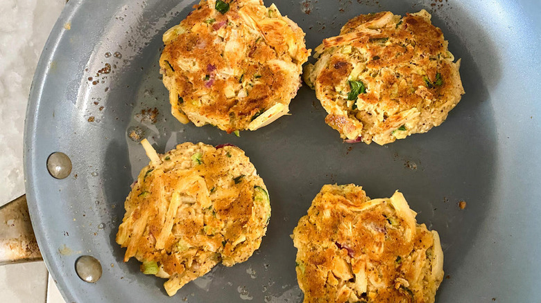 Vegan "crab" cakes in pan