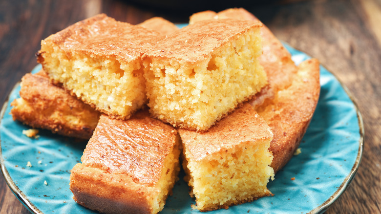 stack of cornbread slices on a place