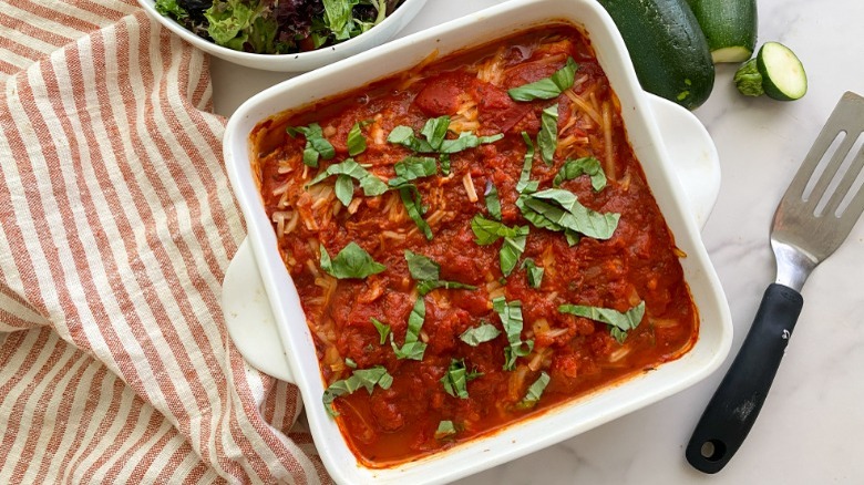 saucy pasta in baking dish